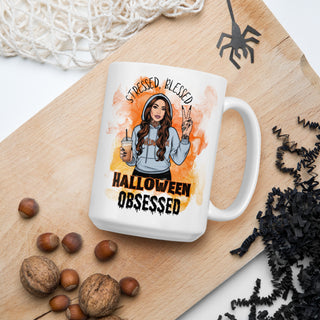 Stressed, Blessed and Halloween Obsessed white glossy mug